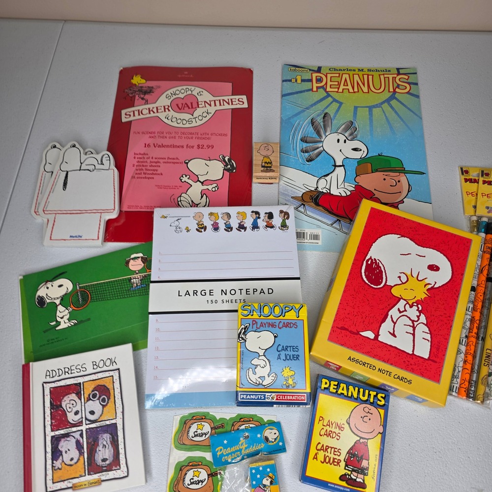 Vintage Peanuts Snoopy Stationery Lot Note Cards Comic Pencils Stamp Valentines